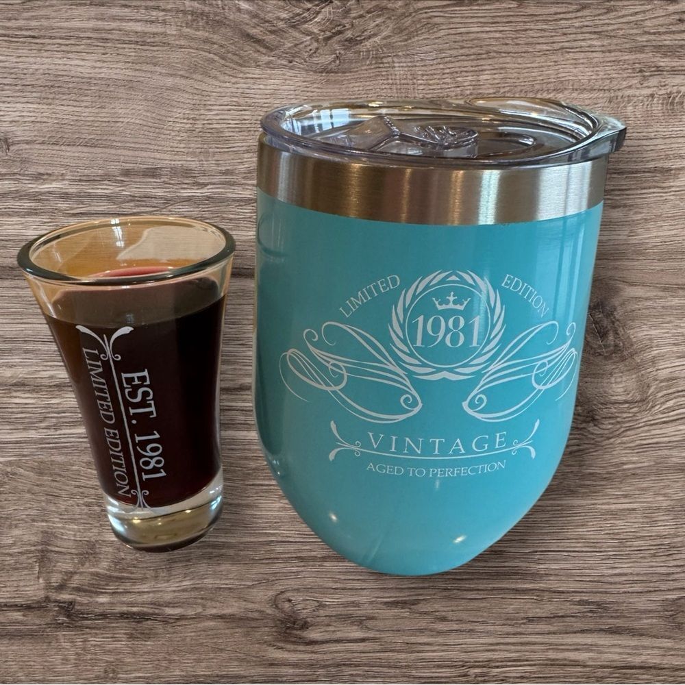 Sodilly 1981 12 oz Mint Insulated Stainless Steel Tumbler w/Lid and Shot Glass